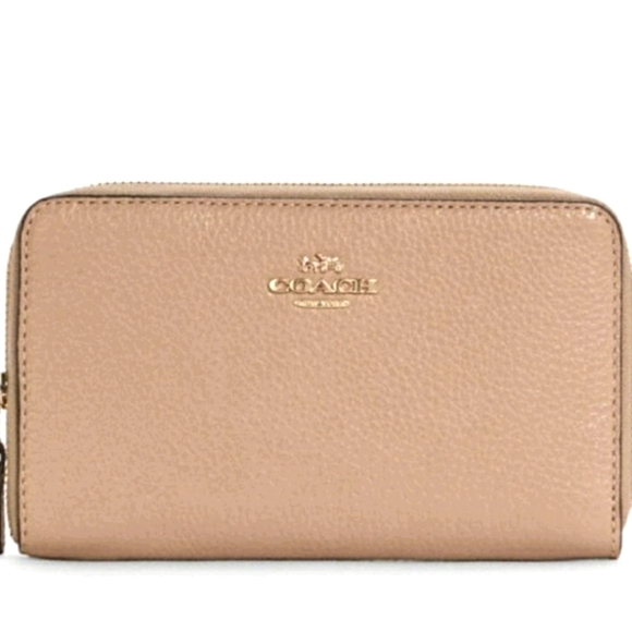 New Coach Leather Medium Zip ID Wallet Taupe - Picture 1 of 8